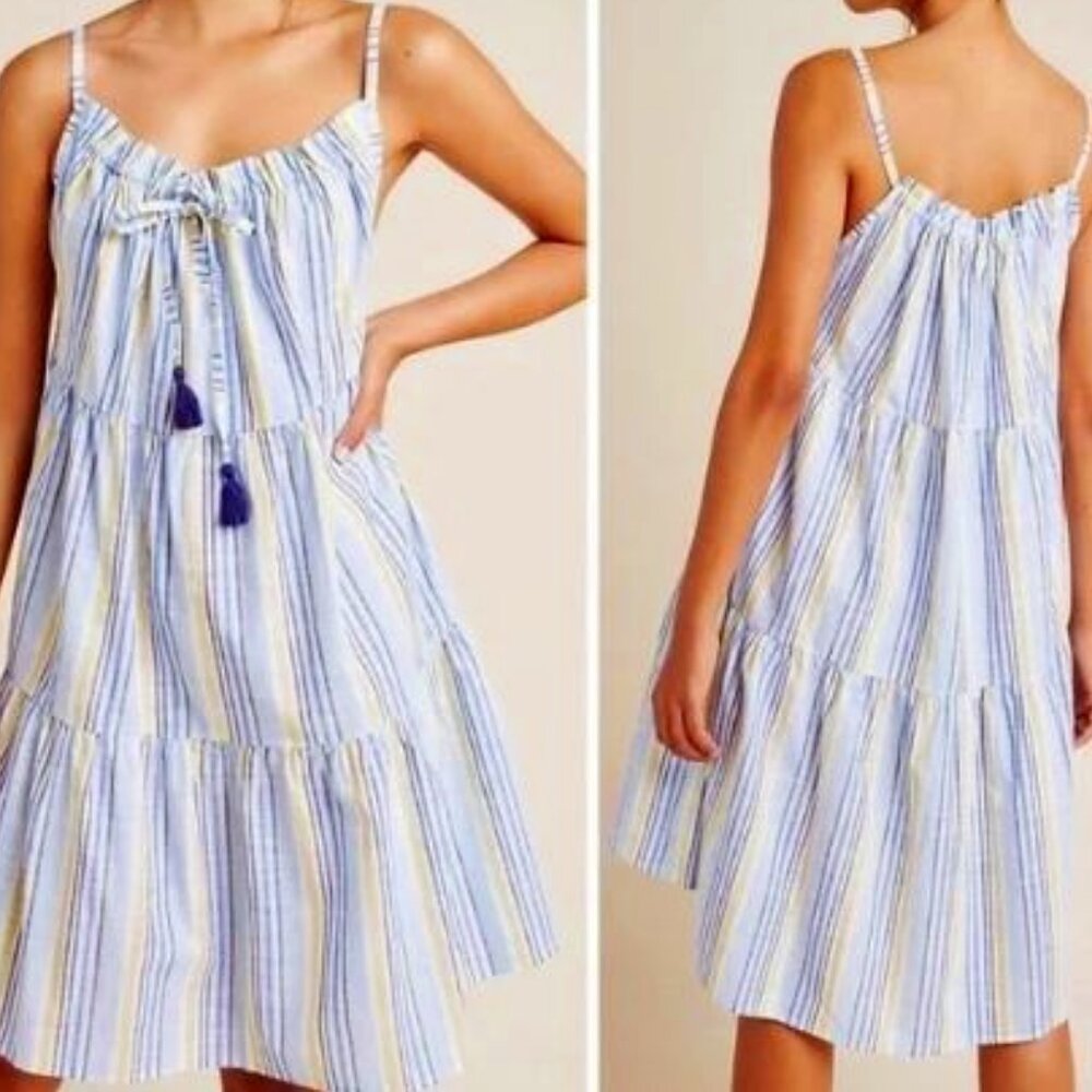 Anthropologie Bianca Striped Babydoll Dress with Tie Neck Women's Size Small